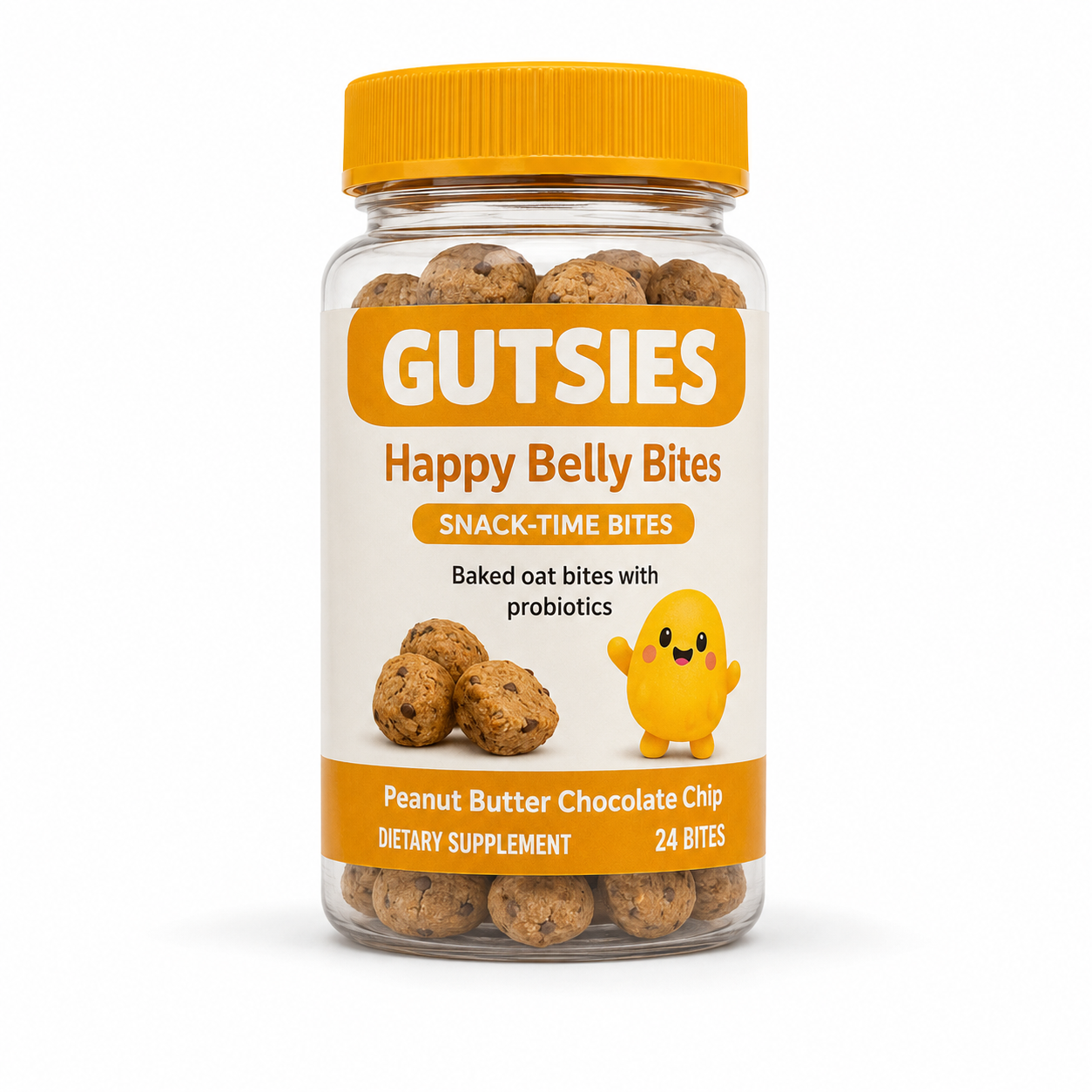 Gutsies Happy Belly Bites peanut butter chocolate chip probiotic oat bites jar, 24 bites
