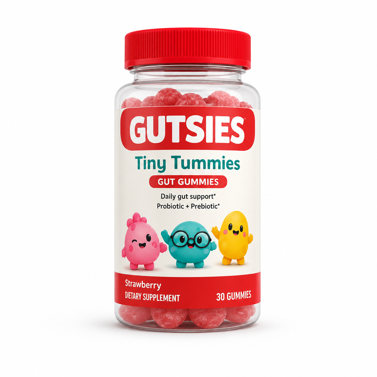 Gutsies Tiny Tummies strawberry probiotic gummies bottle, 30 count, ages 2+